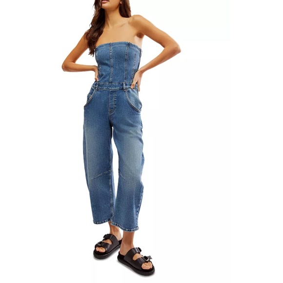 NEW FREE PEOPLE We The Free DENIM BLUE Je Suis Pret BARREL Pockets JUMPSUIT S - Picture 14 of 16